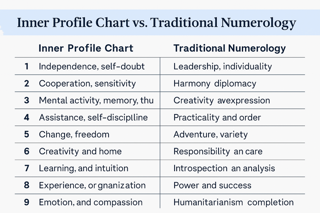 A comparison of number meanings or translations between the inner profile chart and traditional numerology.  Demonstrates how they differ.